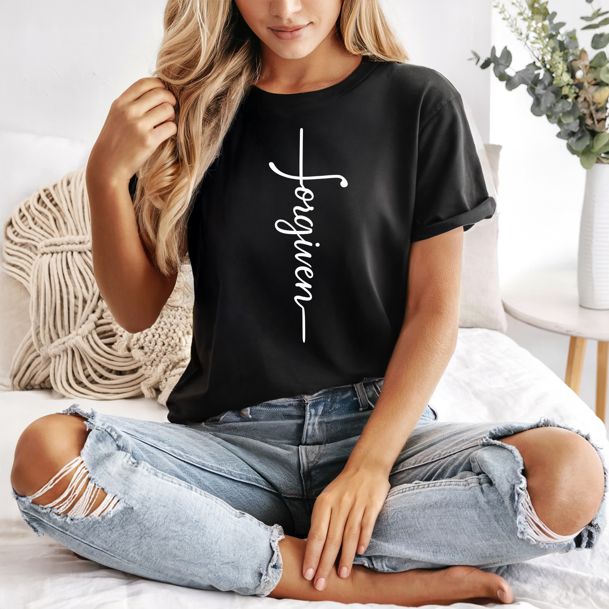 Forgiven Cross Tee - Unisex Christian Shirt in Black and White