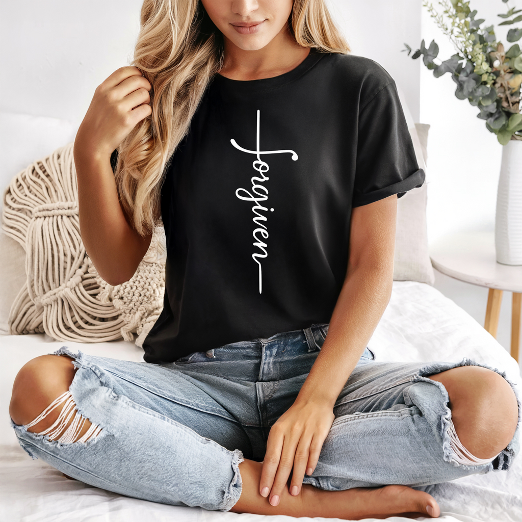 Forgiven Cross Tee - Unisex Christian Shirt in Black and White