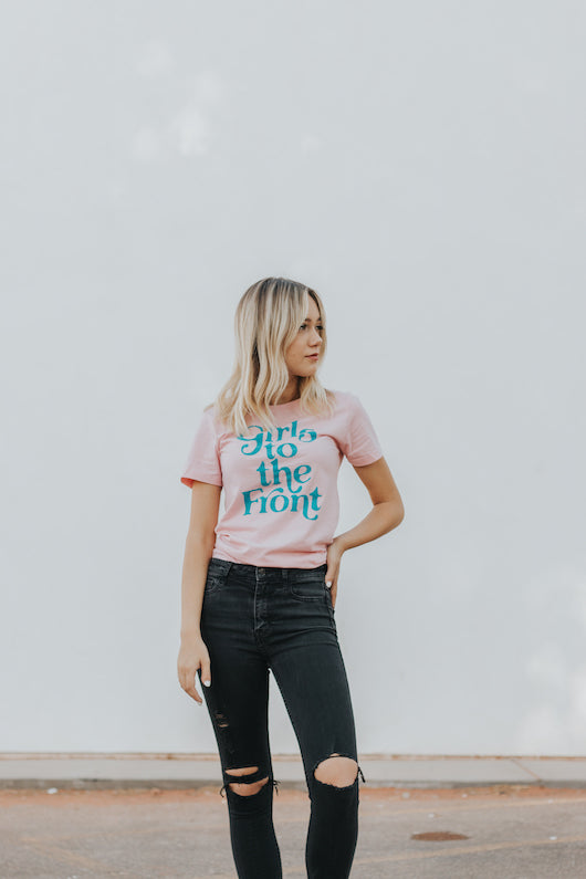 Girls to the Front Feminist Graphic Tee - Pink & Turquoise